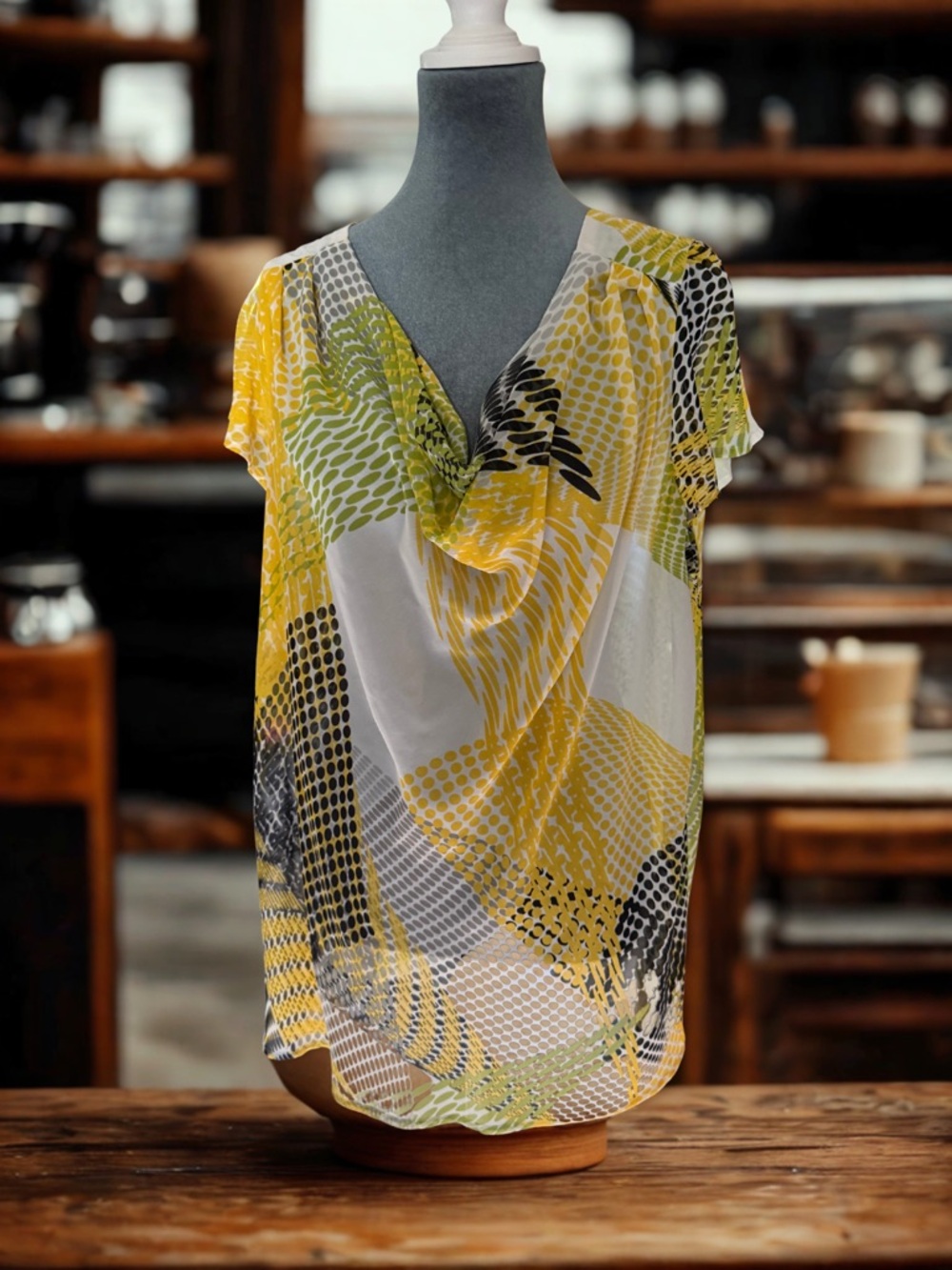 Worthington Yellow & Black Sheer Printed Drape-Neck Blouse